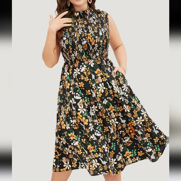 BloomChic Dresses & Skirts - Floral Shirred Mock Neck Cut Out Pocket Ruffle Hem Dress